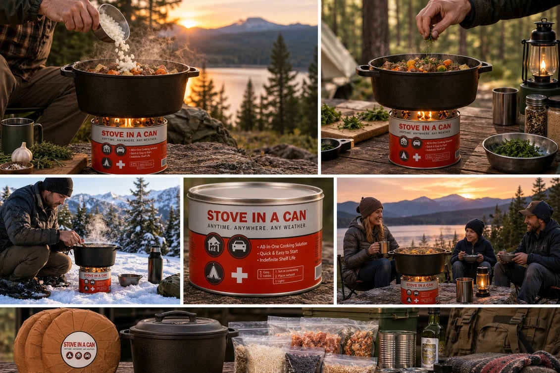 Stove In A Can cooking in camp, in snow, and at a lakeside table with family