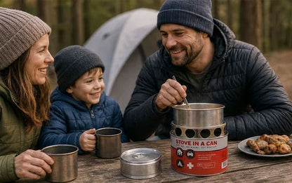 Family at a camp table with a Stove In A Can heating food