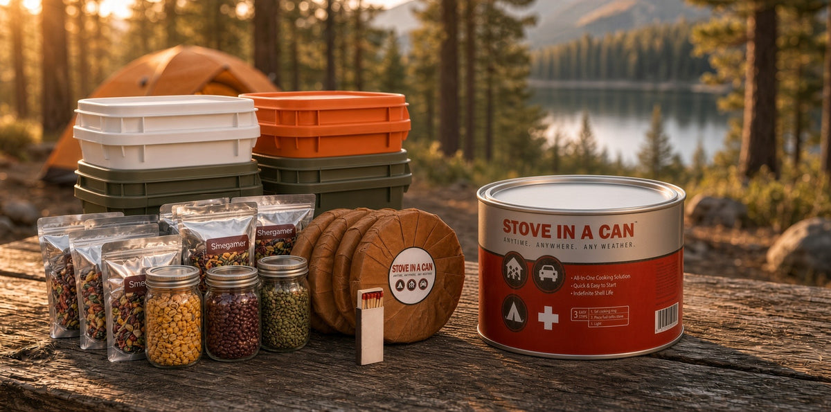 Stove In A Can beside fuel cells, matches and food storage supplies at a campsite