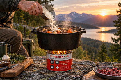 Stove In A Can burning under a pot of stew at a mountain overlook at sunset