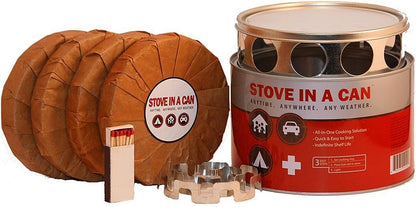 Stove In A Can portable cooking kit shown with the can, fuel cells, fuel ring, and cooking ring